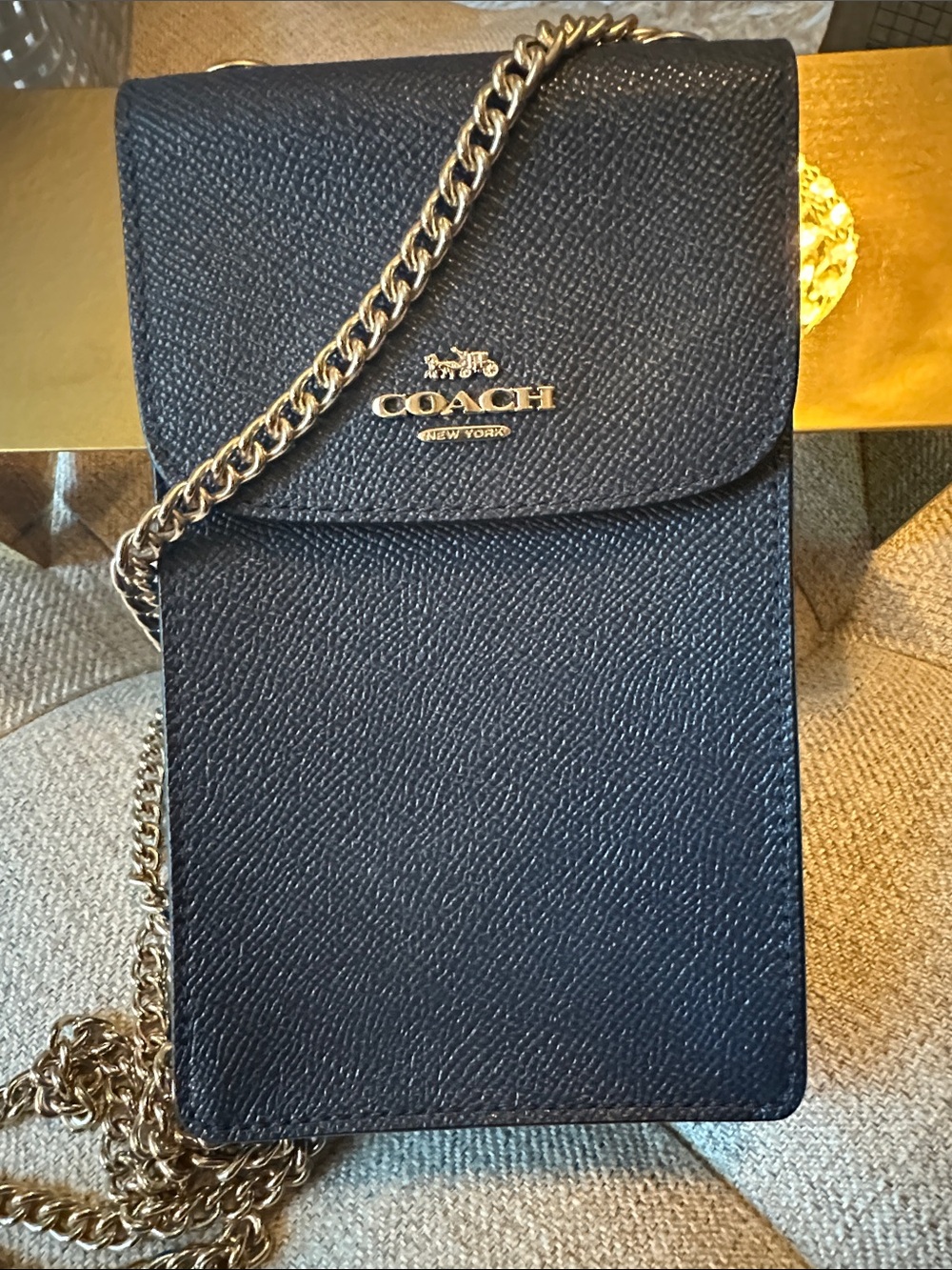 Coach Black Leather Crossbody Phone Pouch with Gold Chain